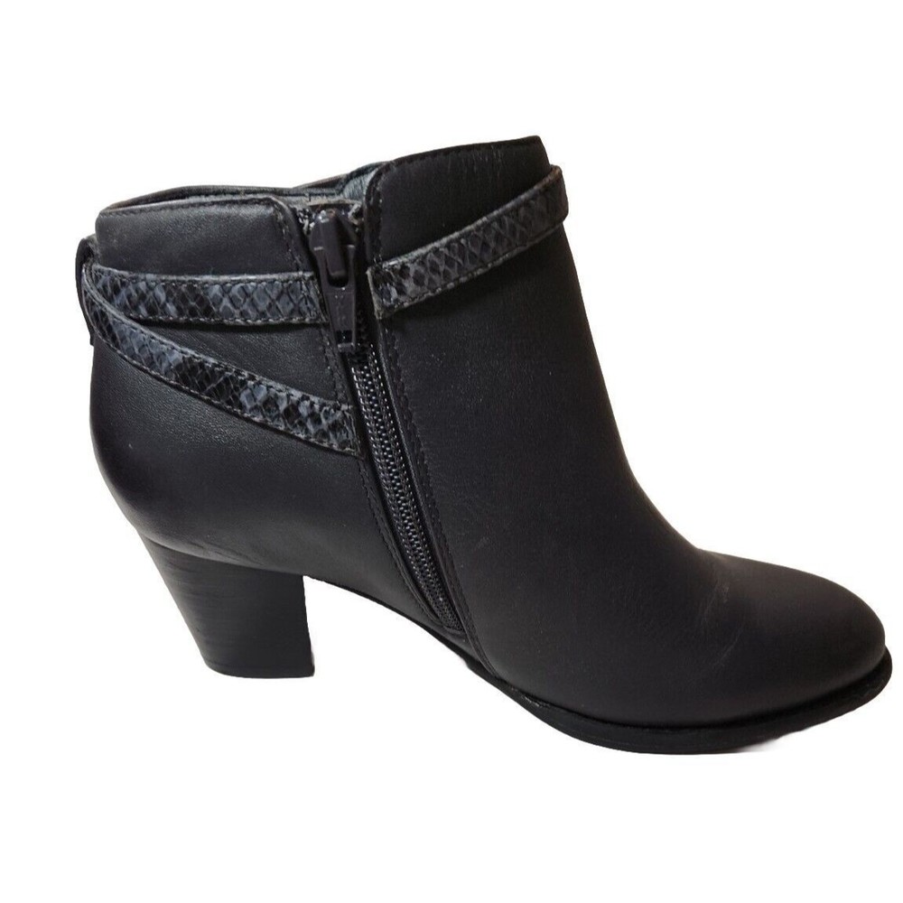 Vionic Black Leather Ankle Boots Snakeskin Buckle Strap Block Heel Booties Shoes